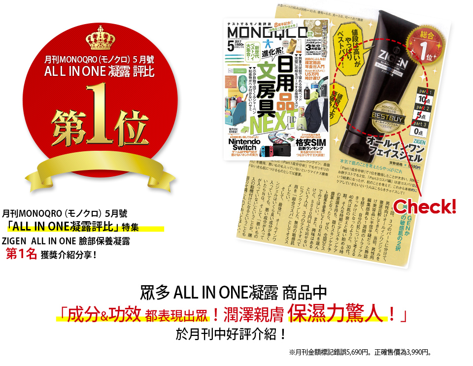 月間MONOQRO(モノクロ)オールインワンジェル徹底比較特集第１位に選ばれました